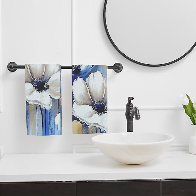 Watercolor White Blue Flowers Hand Towel Set of 2, Abstract Oil Painting Floral