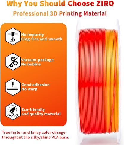 ZIRO Multicolor Silk Filament 1.75mm PLA, Fast Gradient Silky PLA Filament, 1kg/2.2lb Spool, Fit Most 3D Printers, Personality Series - Passionate