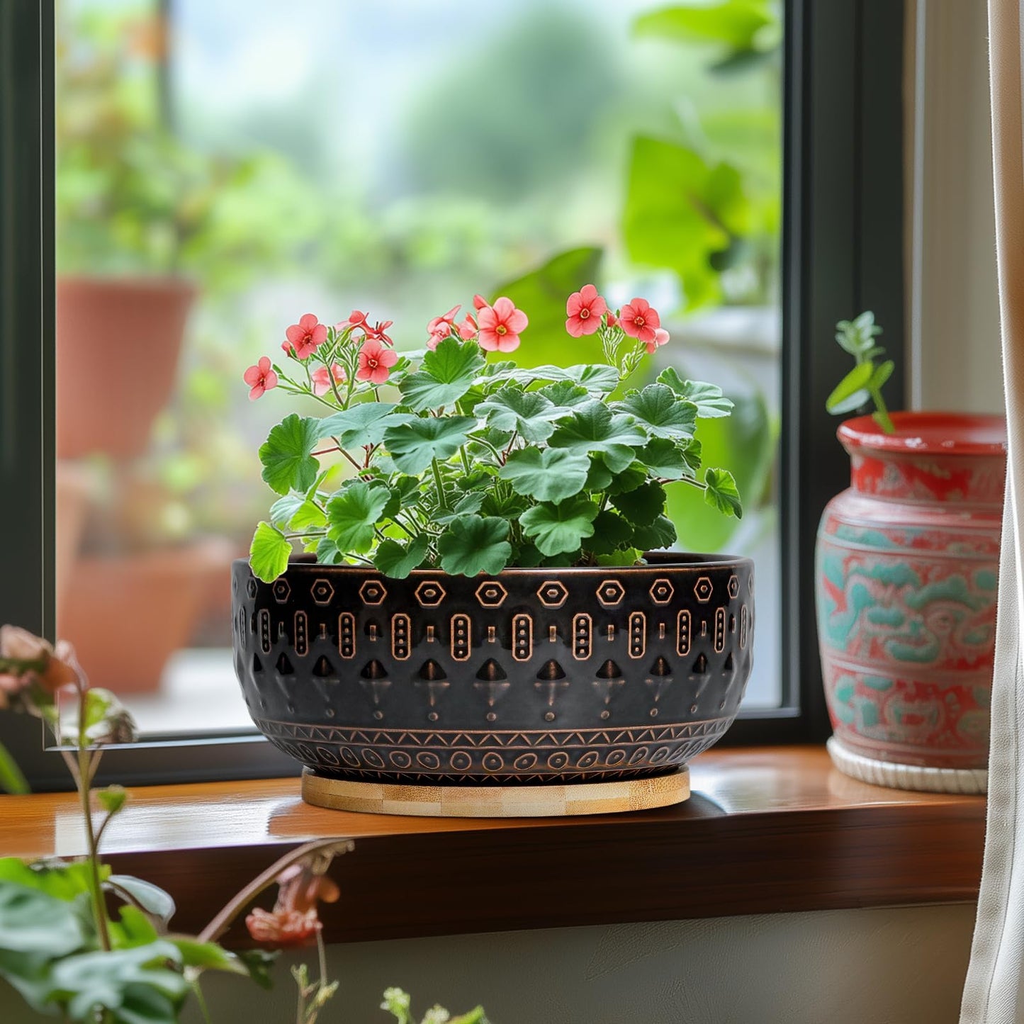 Fivepot Bonsai Planter - 8 Inch Ceramic Pots for Plants Indoor, Shallow Round Succulent Bowl with Drainage Hole and Tray for Cactus, Boho Room Garden House Decor, Birthday Gifts, Black