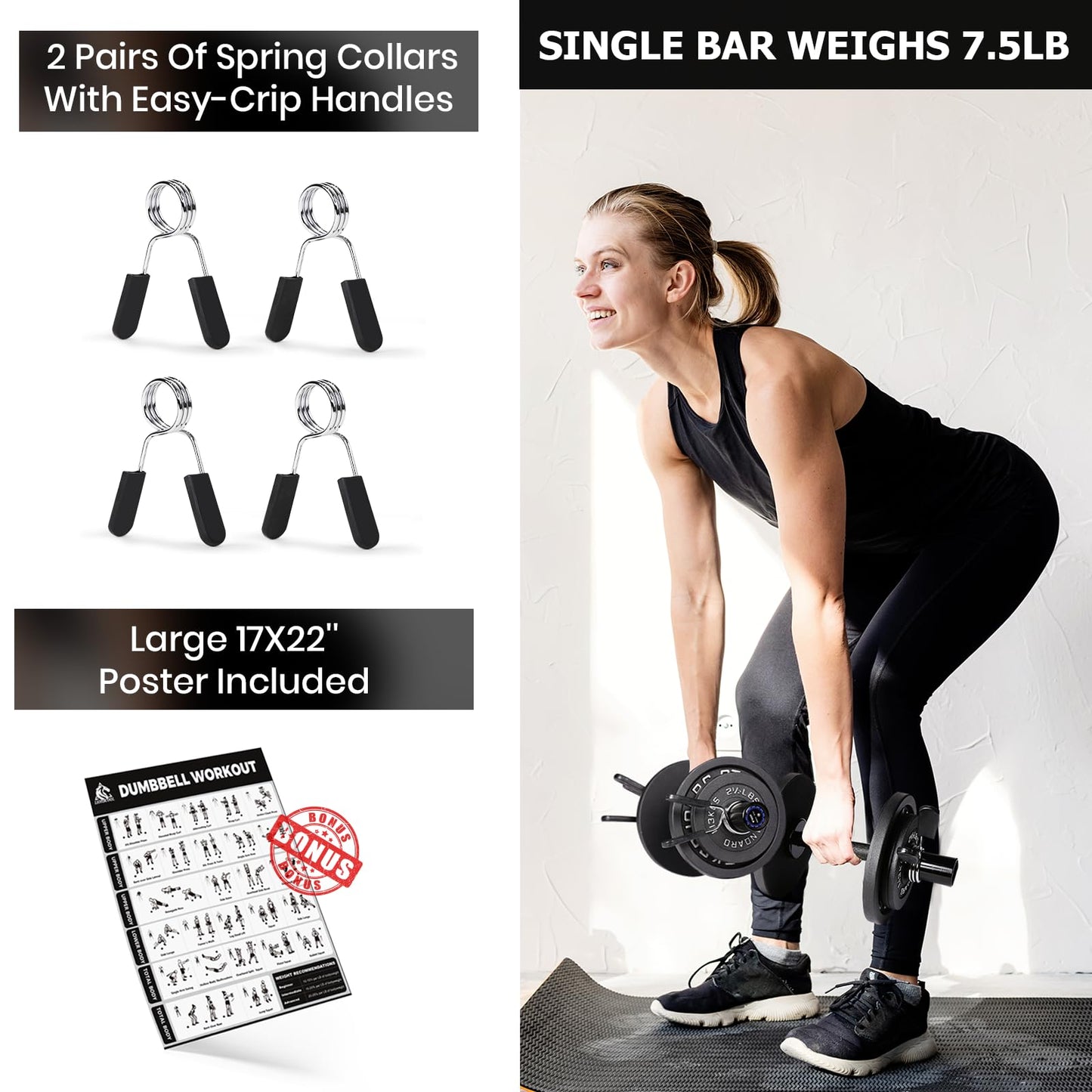 LIONSCOOL 16" Olympic Dumbbell Handles, Loadable Dumbbells Bar for Strength Training, Compatible with 2''Standard Plates, Includes 2 Pair of Spring Collars