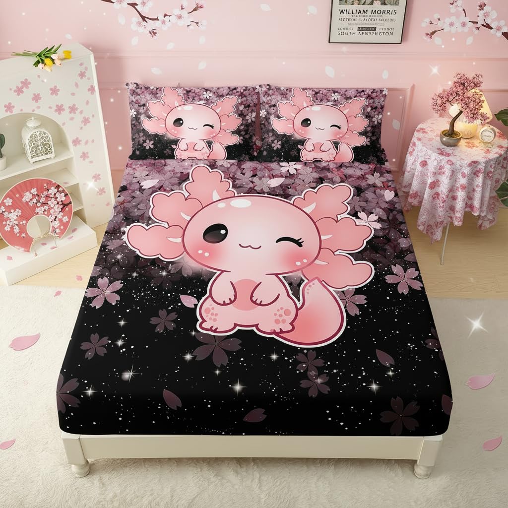 QOOMO Kawaii Axolotl Bedding for Boys and Girls Pink Cherry Blossom Super Soft Kids Bedding Set Sparkling Stars Breathable Room Decoration Queen Size 1 Fitted Sheet, 1 Flat Sheet, 2 Pillow Cases