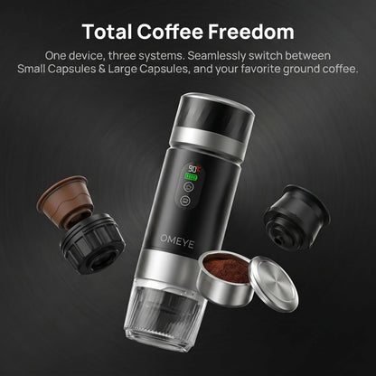 OMEYE Portable Espresso Maker for Camping Travel Office – 20 Bar Self-Heating Cordless Coffee Machine, LED Display, Dual 7500mAh Battery, USB-C, Compatible with Small/Large Capsules & Ground Coffee