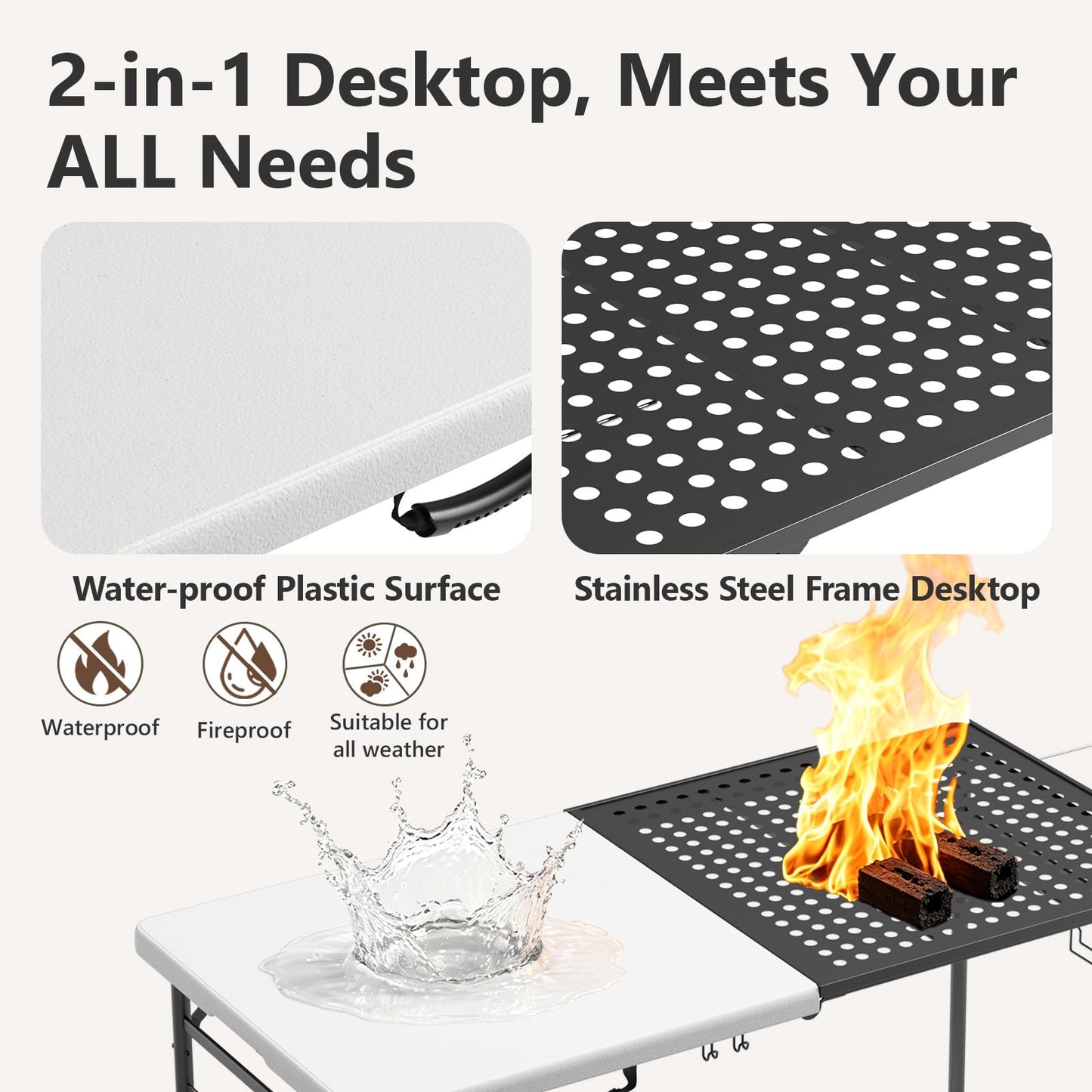 2 Pack 5ft Folding Table for Picnic Camping, Portable Outdoor Table with Metal Grid Grilling Surface, Heavy Duty Foldable Table for Cook Prep,Suitable for Camping, Backyard, Patio and Beach.