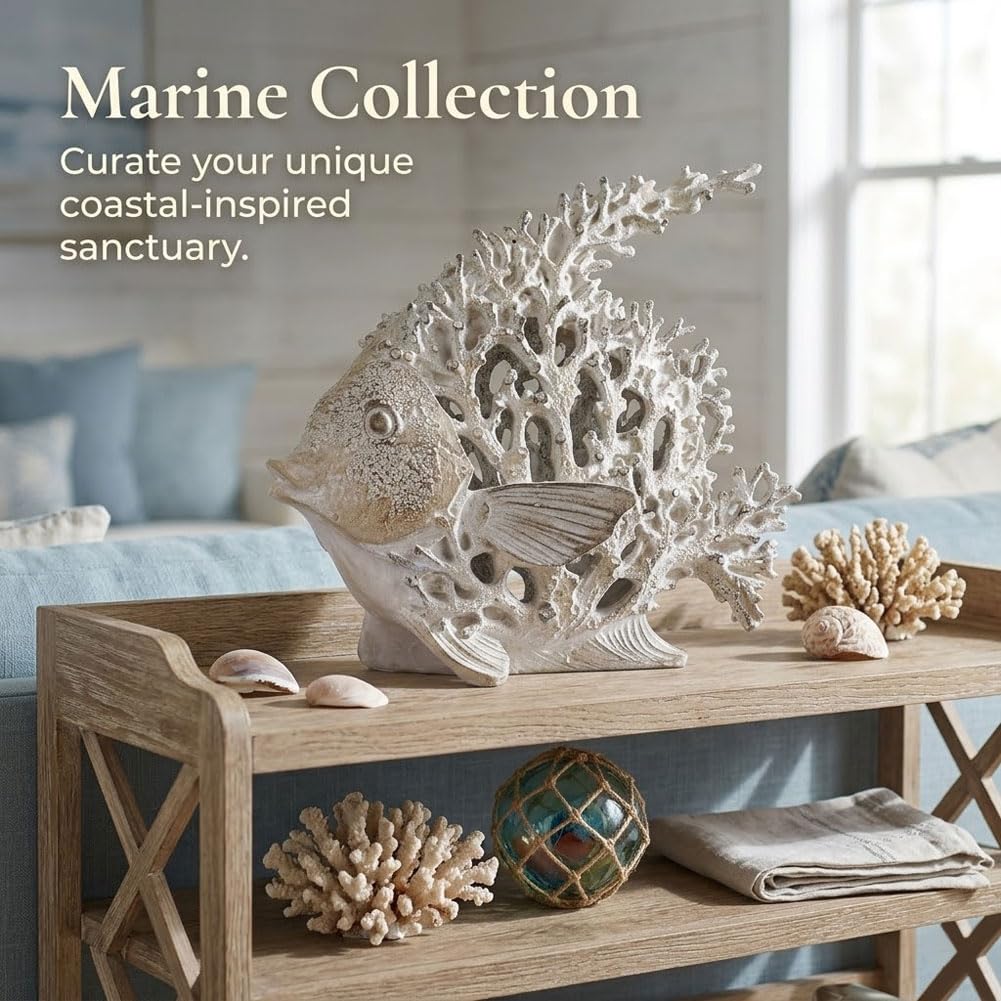 QIANLING Beach Coastal Decor Coral Reef Angelfish Figurines, Modern Nautical Decor Ocean Centerpieces for Living Room, Bathroom, Office, Coffee Table, Beach House, Seaside, Entrance, Shelf Decorative
