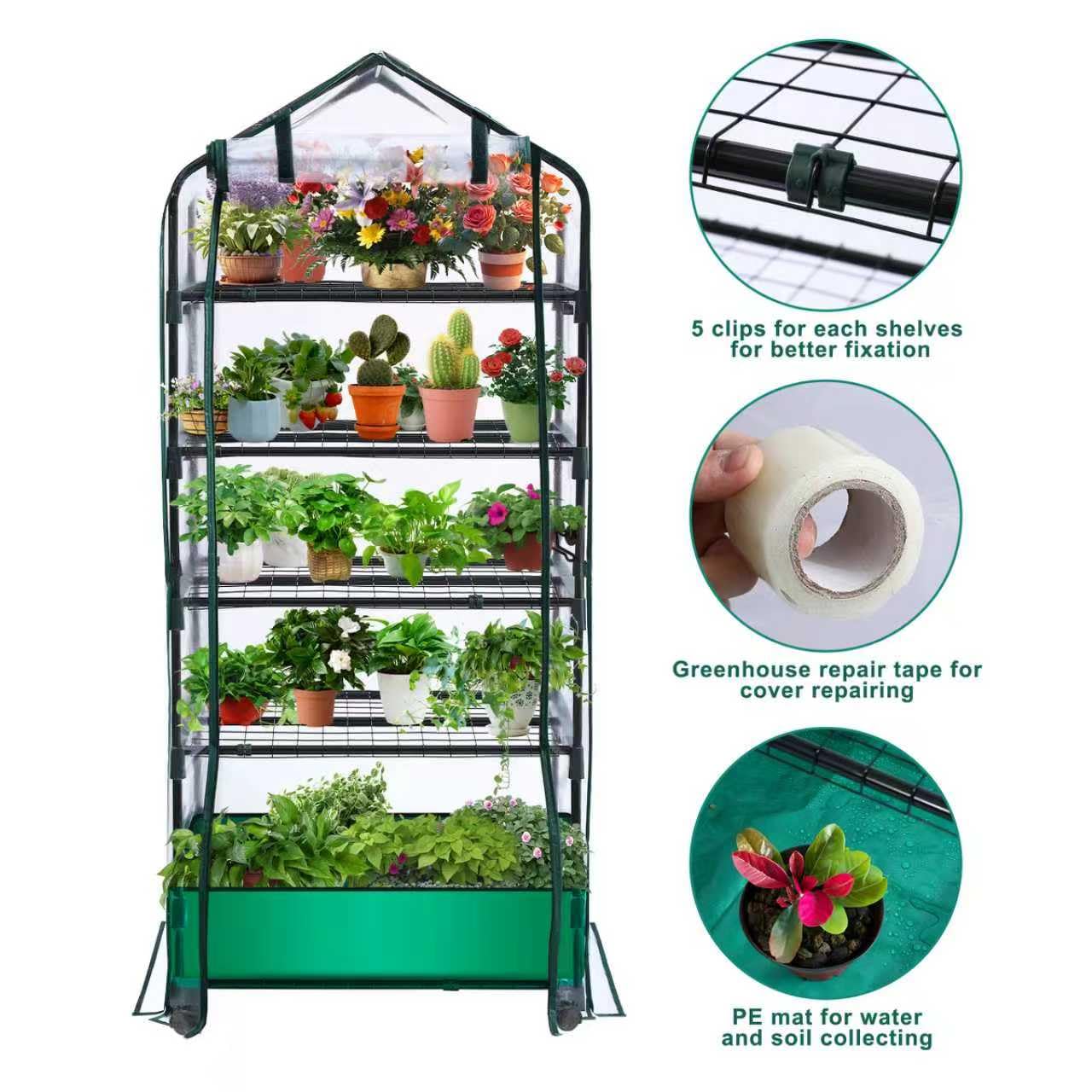 5 Tier Mini Greenhouse with Wheels for Indoor Outdoor, Portable Green House with PVC Cover and Shelves for Seedling, Greenhouse with Waterproof Mat and Cover Tape, Gardening Gifts for Women Men
