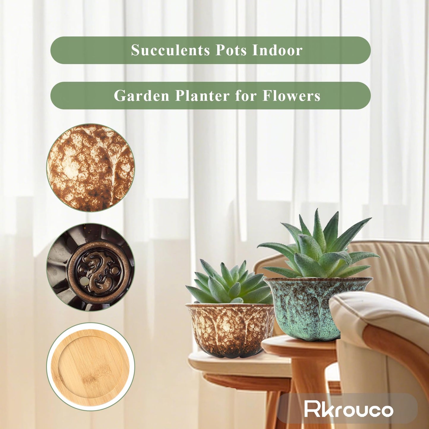 Rkrouco Ceramic Plants Pots 3 Inch Set of 4 Flower Pots with Drainage and Bamboo Tray for Indoor/Outdoor Small House Plants,Foliage Plant