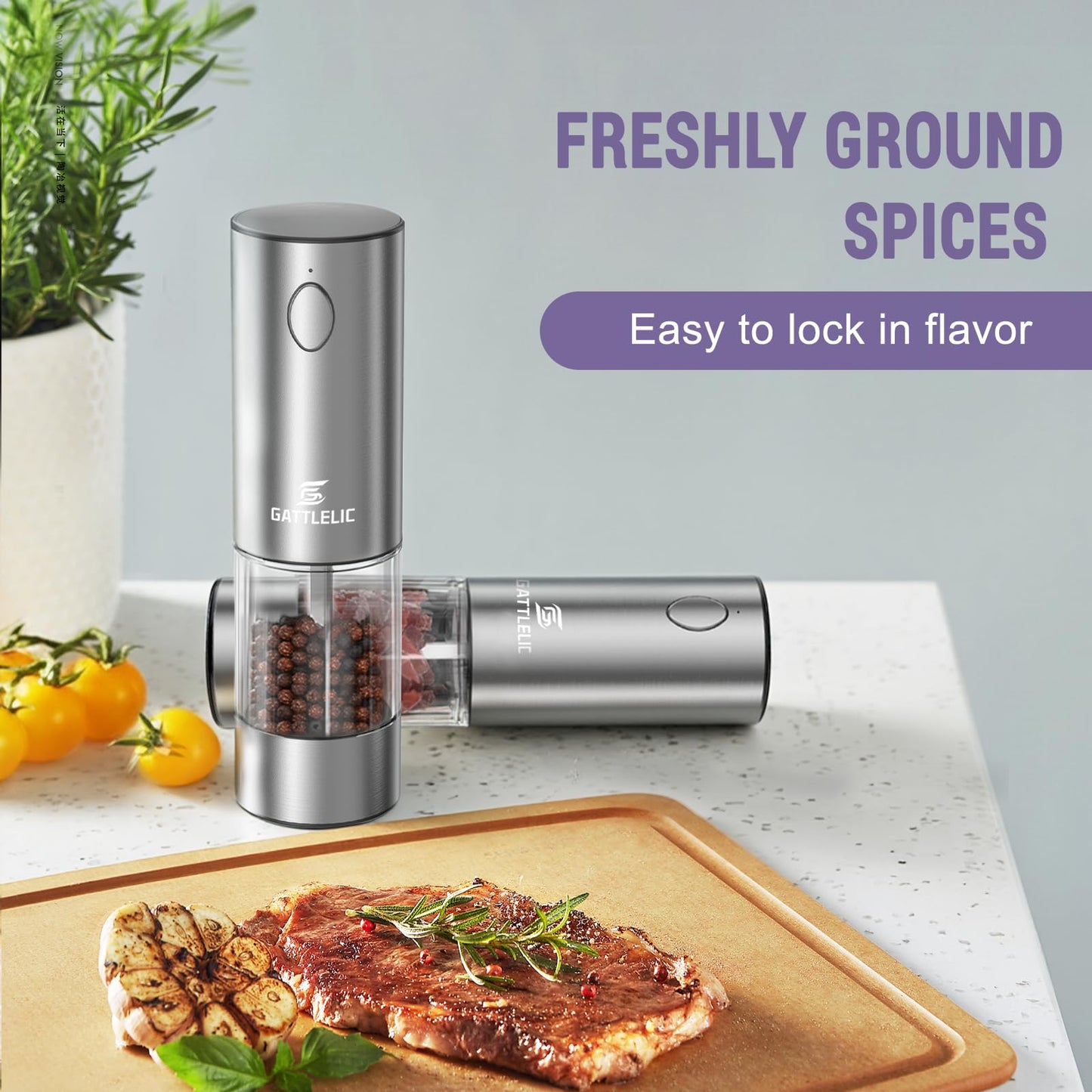 Electric Salt and Pepper Grinder Set, Automatic Pepper Mill Grinder w/Upgraded Charge Base and LED Light,Adjustable Coarseness,Rechargeable Black Peppercorn & Sea Salt Spice Mill Set
