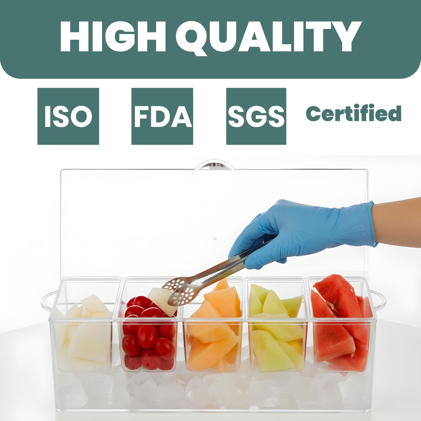BLIVORRA 𝐋𝐚𝐫𝐠𝐞 Ice Chilled Condiment Server Caddy with 5 Removable Compartments (2.5 Cup), Clear Garnish Tray with Lids – Fruit, Salad, Taco, Bar Platter – Free Stainless Steel Accesories
