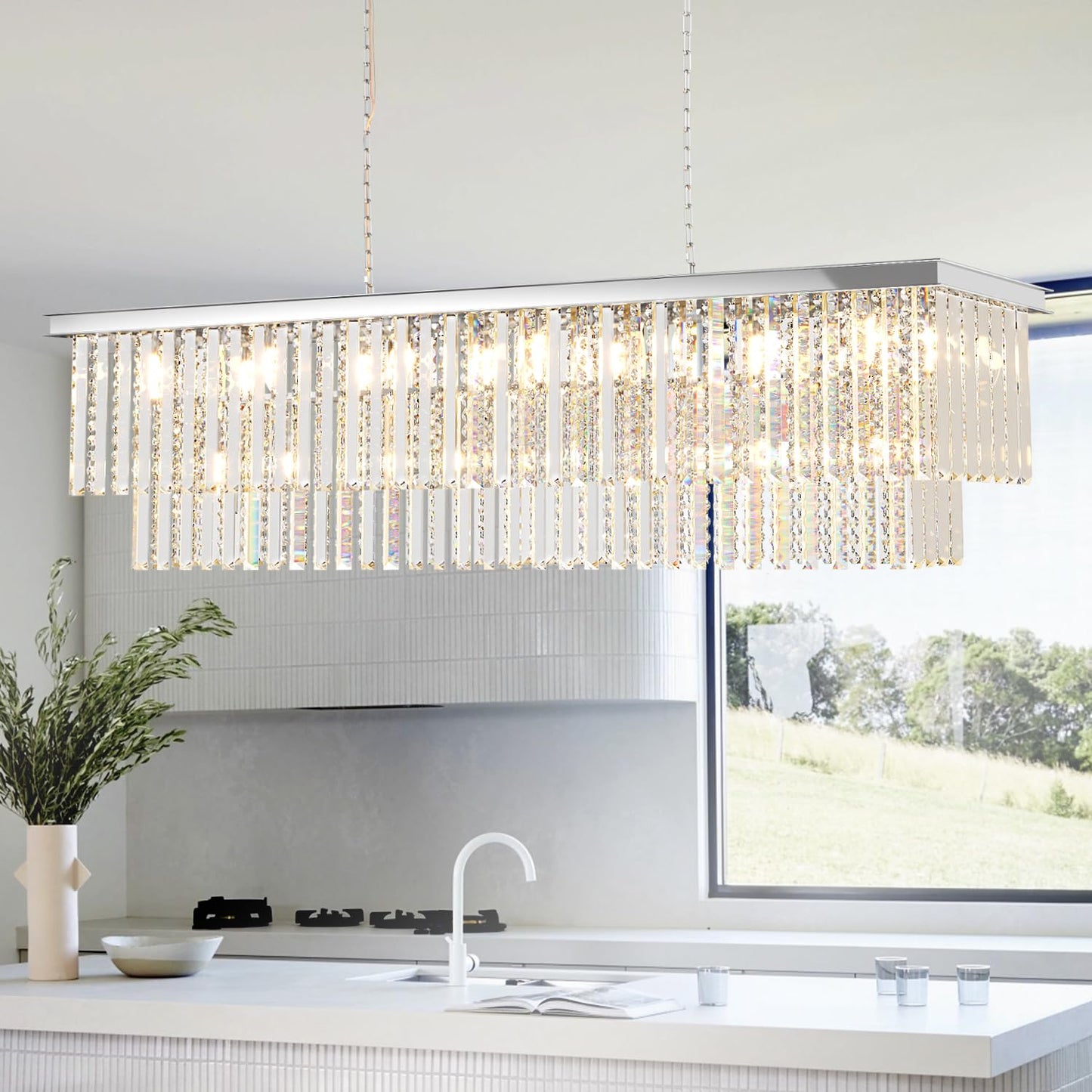 Arotikee Luxury Rectangular Crystal Chandelier for Dining Room, 55" Modern Chrome Linear Chandelier Over Table, Statement Lighting for Kitchen Island & Living Room