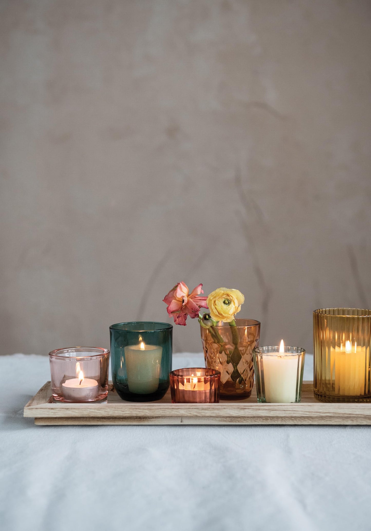 Creative Co-Op Round Glass Votive Holders on Wood Tray, Multicolor, Set of 9