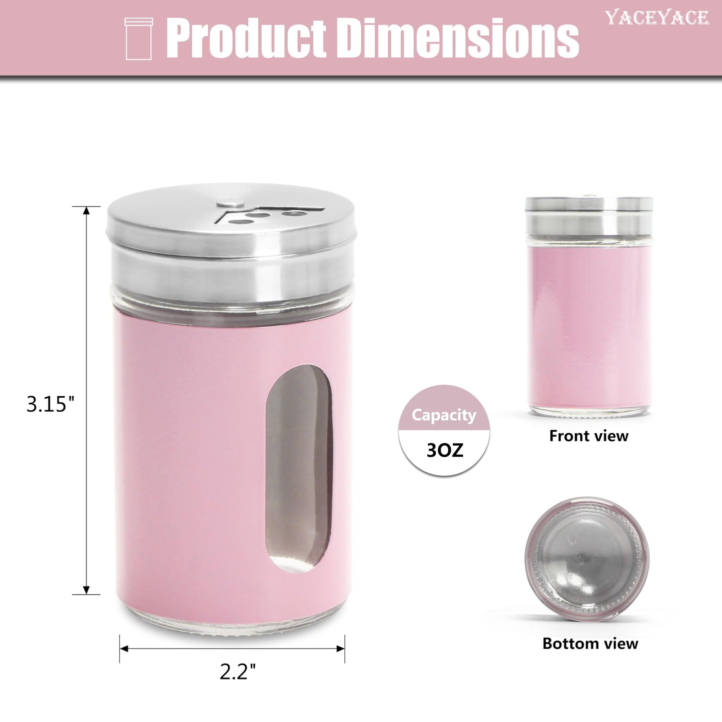 YACEYACE Salt Shakers for Kitchen, 6Pcs Modern Stainless Steel Shaker Set, Salt and Pepper Shakers with Holes, 3oz Pink Powder Sugar Shaker Suster