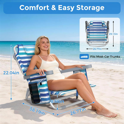 5-Position Backpack Beach Chair for Adults with Lumbar, Foldable Tall Heavy-Duty Beach Chairs with Cooler Bag,Cup Holder,Towel Rack for Beach, Camping, Outdoor (2, Blue&White)