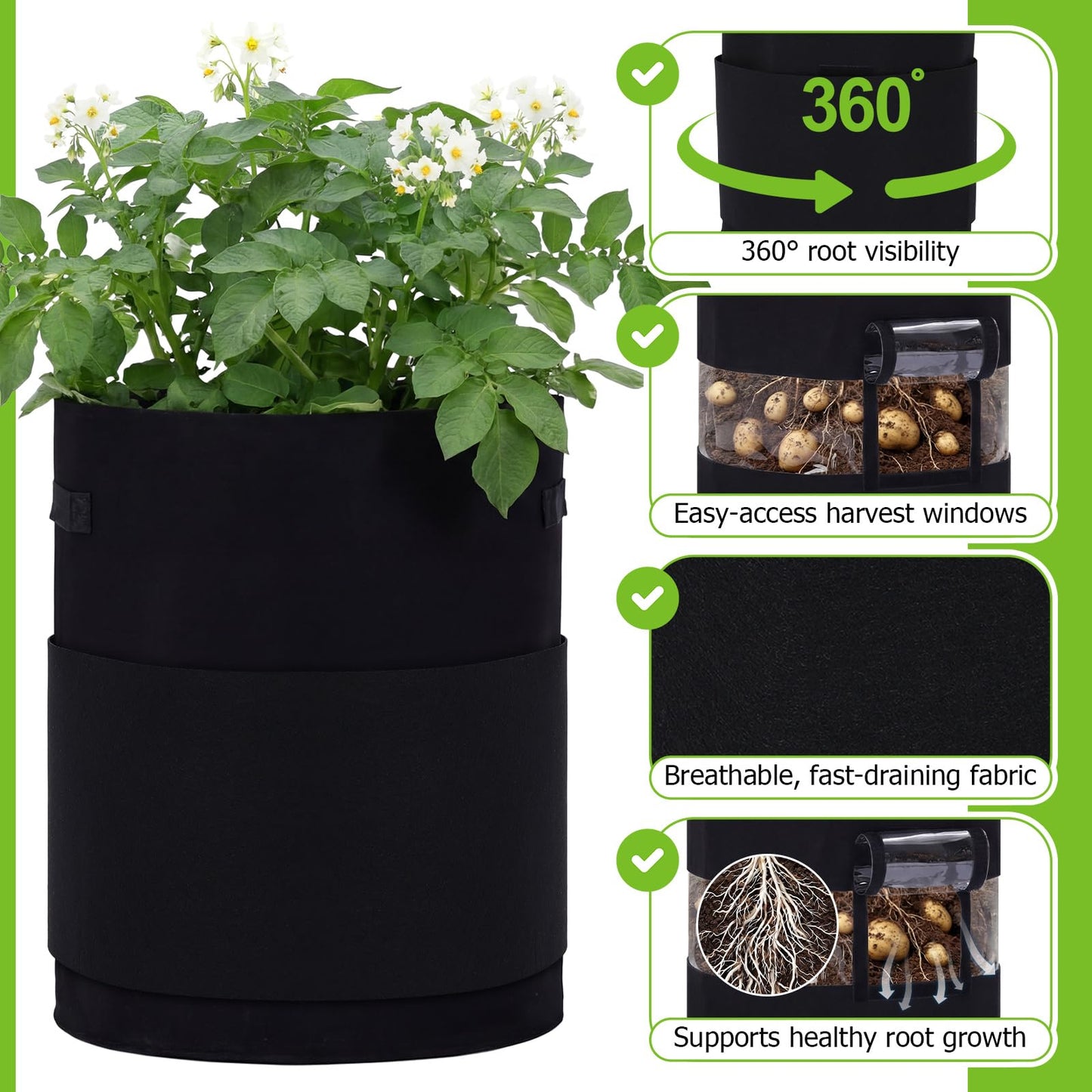 Baderke 4 Pack Visible Potato Grow Bags with Harvest Window, 360 Visibility Plant Grow Bags with Handles for Planting Potatoes, Tomatoes and Vegetables (20 Gallon,Black)