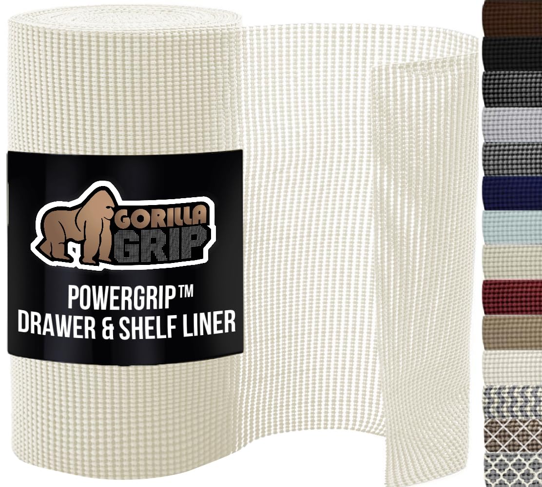 GORILLA GRIP powerGRIP Drawer Shelf and Cabinet Liner, Thick Strong Hold, Non-Adhesive Liners Protect Kitchen Cabinets and Cupboard, Bathroom Drawers, Easy Install, Breathable Mat, 12" x10', Beige