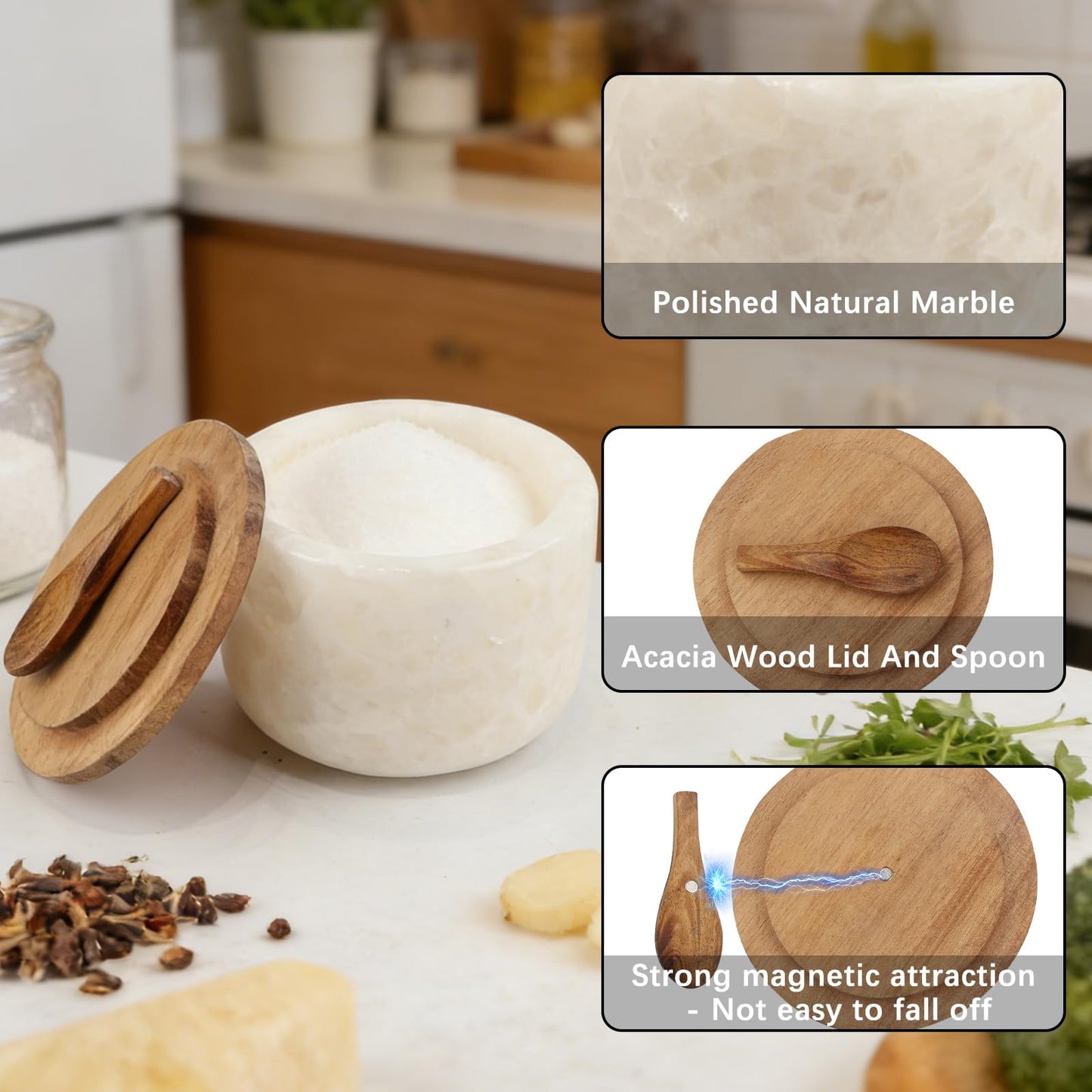 Lc.Courage Salt and Pepper Spice Cellar, Marble Container for Coffee, Sugar, Spices and Candies, With Built-in Magnetic Attraction Spoon and Acacia Wood Lid, 6.5 oz (Snowflake White)