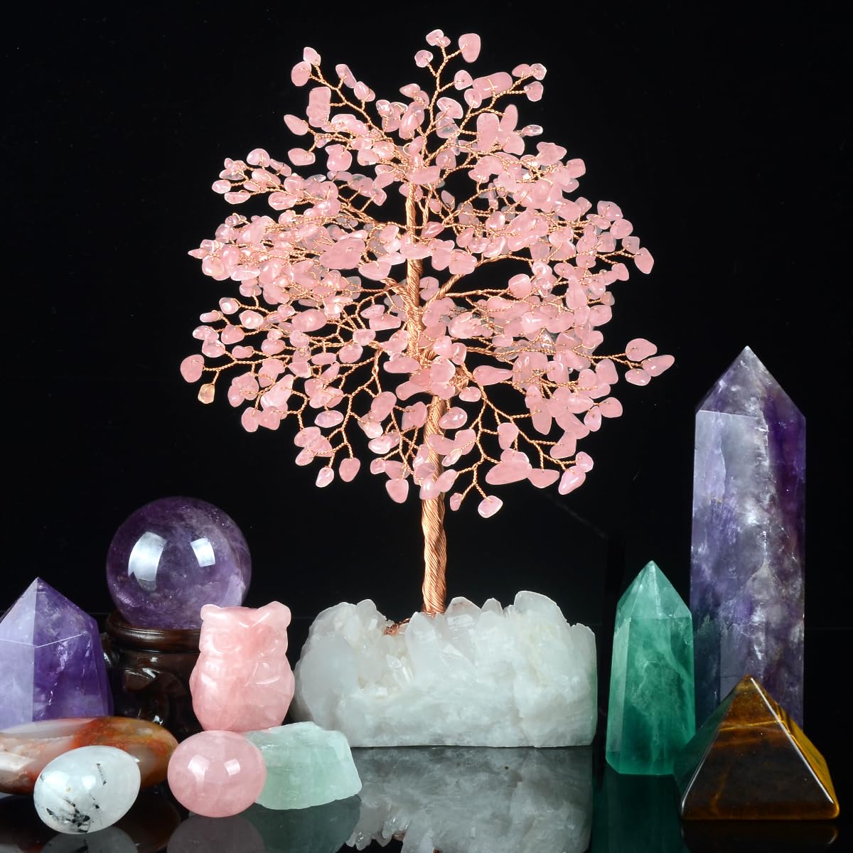 MASGEMES Gemstone Crystal Tree of Life,Natural Rose Quartz (406 Stones) with Clear Quartz Base,Chakra Balancing Positive Energy Feng Shui Home Decor Bonsai Money Tree,Birthday Gift 8.5"-9"