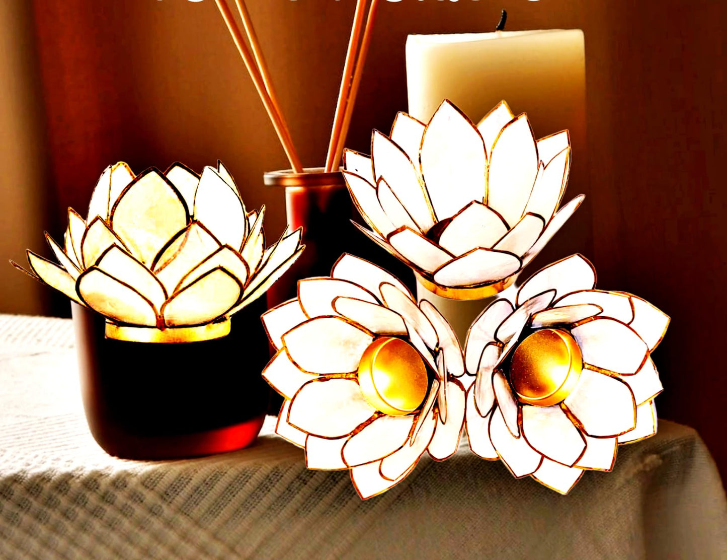 Contrast Natural White Capiz Shell Opening Lotus Flower Bulb Tealight Candle Holder, Tan, One Size