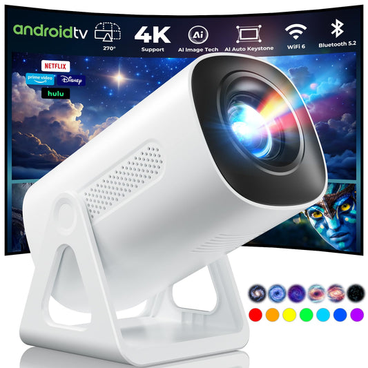 TransarJect Portable WiFi and Bluetooth Projector - 4K 1080P Supported Android Smart Mini Movie Projector, 270°Adjustable Stand Outdoor Home Star Projector with Ambient Light for Phone TV Stick Laptop