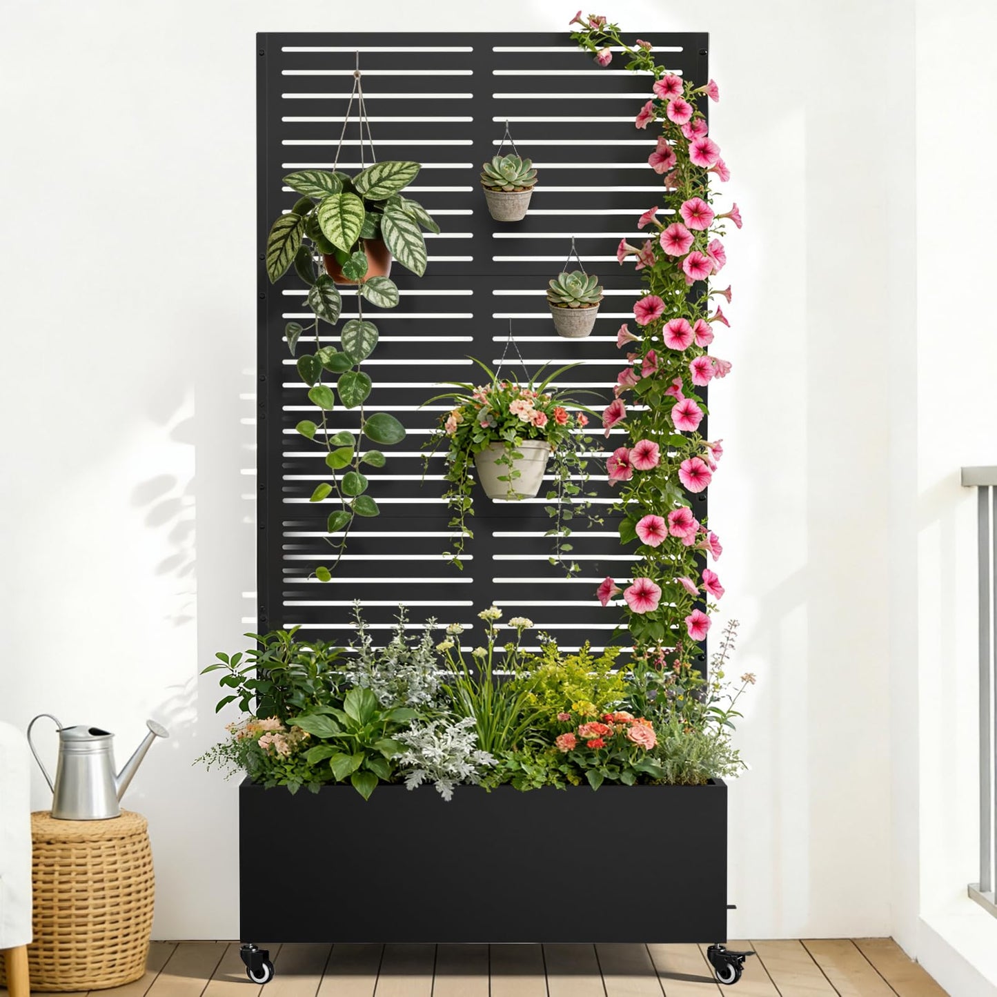 Baotree Metal Raised Garden Planter Bed, 72"x35"x16" Outdoor Planter Box with Trellis and Wheels for Climbing Plants, Vegetables & Vines, Features Drainage Holes and Privacy Screen (Black-Louvered)