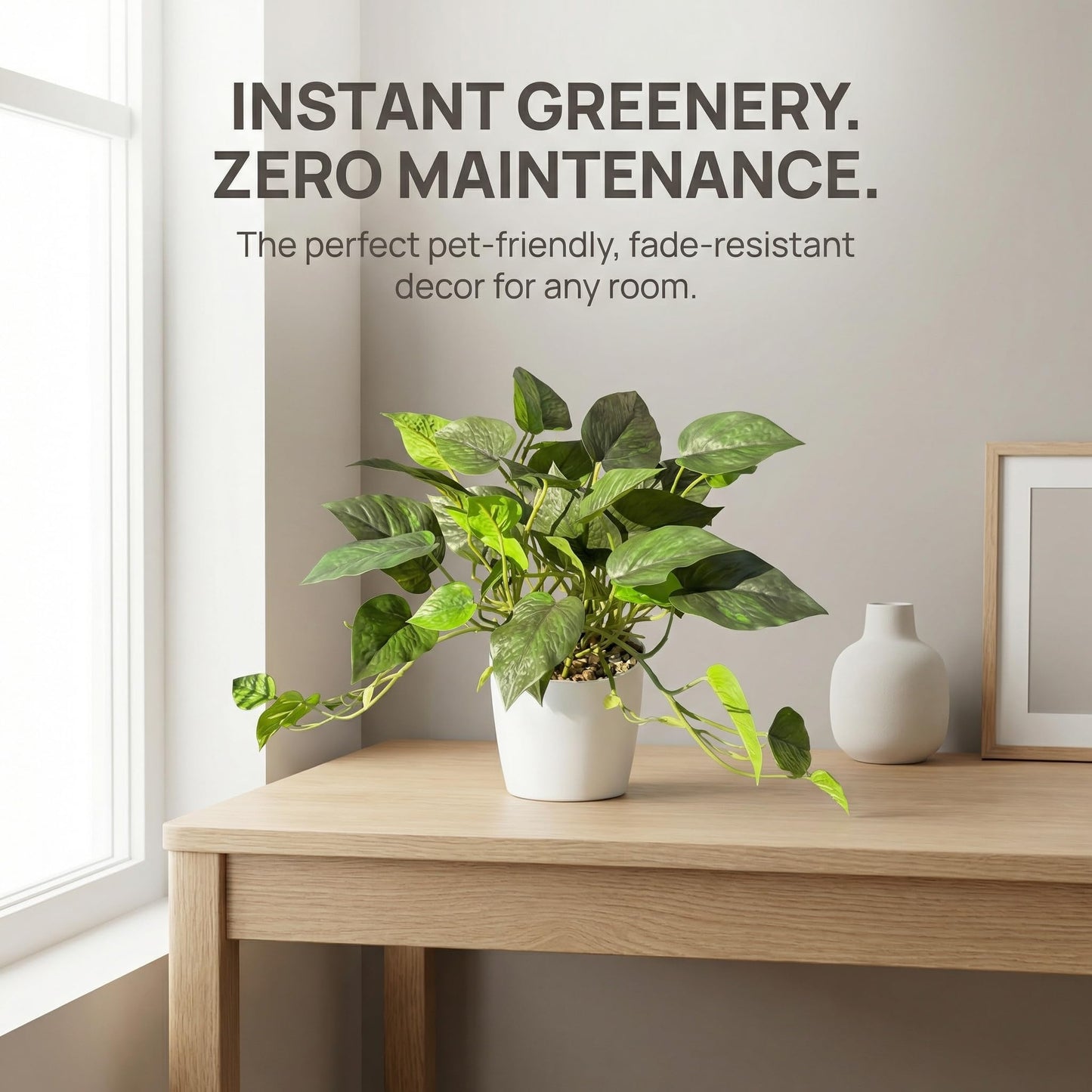 TentoWhan Artificial Plants Faux Pothos with Plastic White Pot Artificial Potted Plant for Home Office Bedroom Indoor Outdoor Decor 1 Pack(Dark Green)