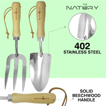 Natury Garden Tools Set – Premium Stainless Steel Gardening Hand Tools with Solid Beechwood Handle – Gardening Kit with Rake, Shovel, Gloves, Shears, Tool Organizer – Garden Gifts for Women and Men
