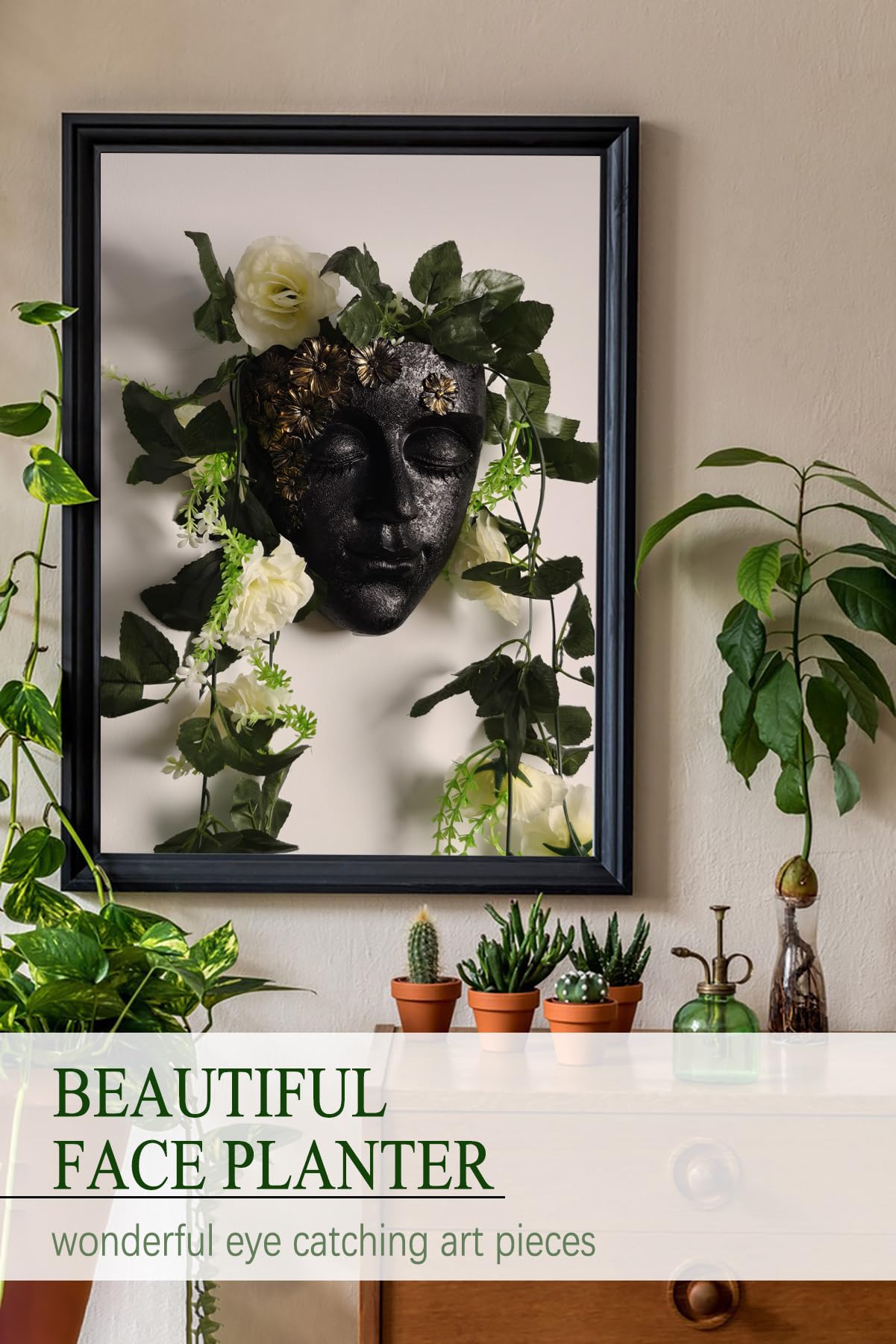 KOXHERO Face Shape Wall Planter Elegant Black Resin Wall-Mounted Head Pot with Drainage Hole Unique Small Vase Holder for Flower,Succulents, Hanging Plants for Plant Lovers
