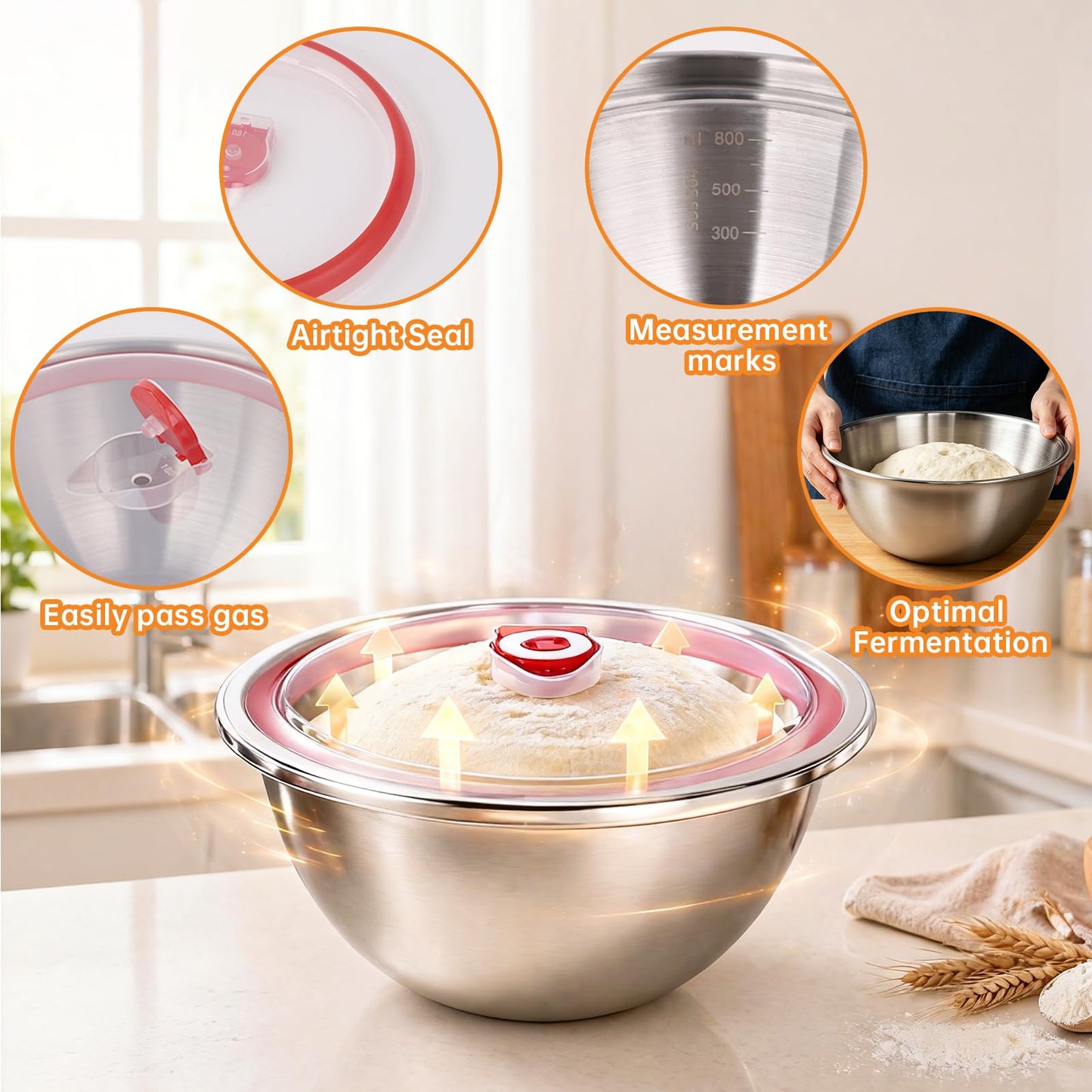 NOELNEXUS 3 PCS Pizza Dough Proofing Container Set, 27oz/40oz/60oz 304 Stackable Stainless Steel Proofing Box with Clear Lid, Includes Dough Scraper, Ideal for Bulk Fermentation of Sourdough & Bread