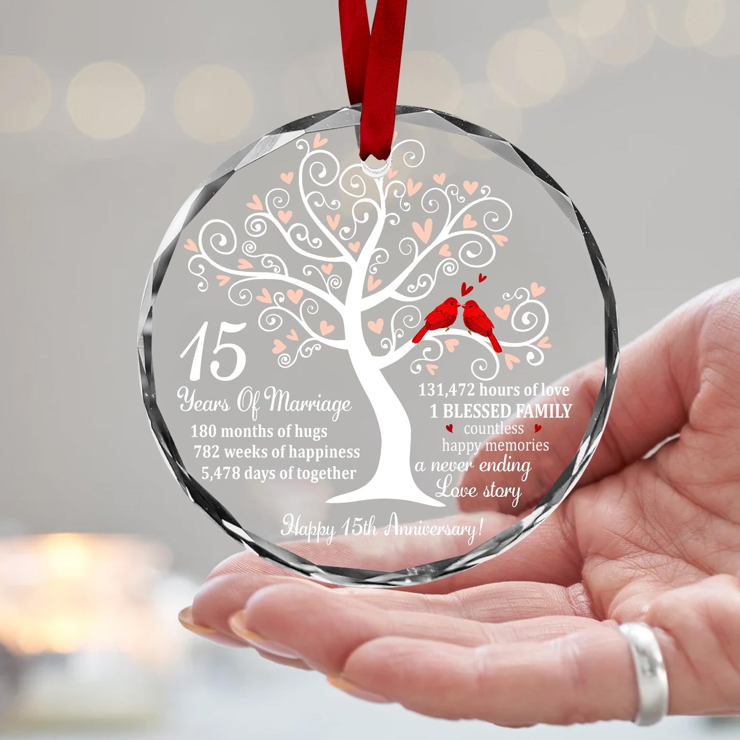 Bozspacer 15th Wedding Anniversary Ornament for Parents Couple Wife Husband - Crystal Anniversary Wedding Gift Ideas - Christmas Glass Ornament for 15 Years Marriage