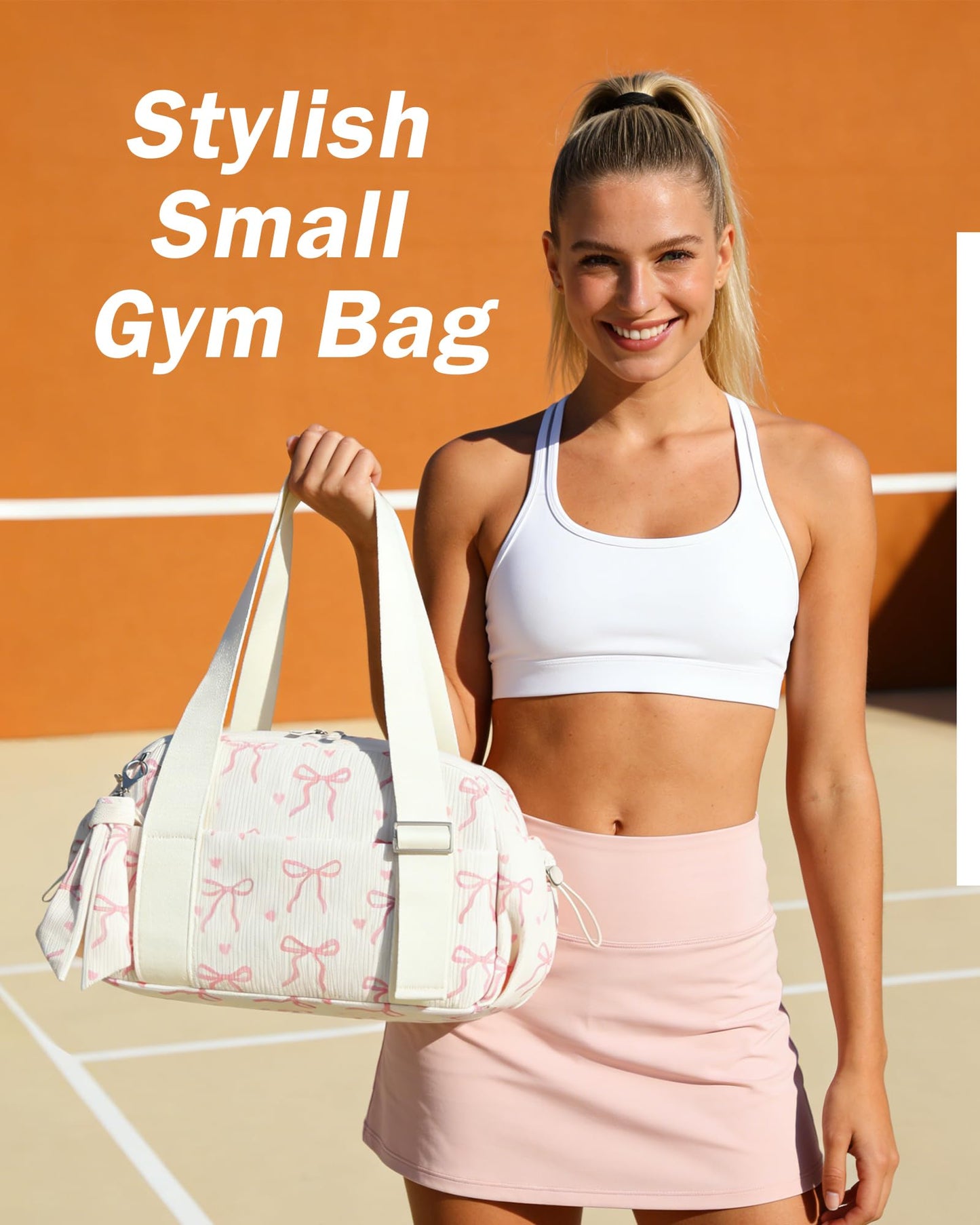LOIDOU Mini Gym Bag for Women Girls, Small Corduroy Sports Duffel with Wet Pocket and Adjustable Strap, Cute Bow Workout Yoga Dance Tote, Travel Carrying Fits Shoes (Pink Bow-Beige)