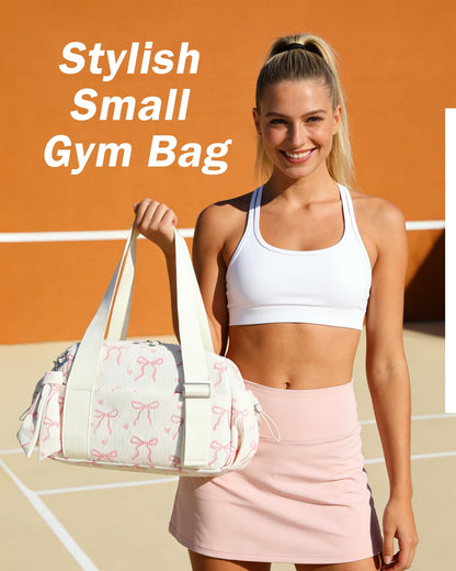 LOIDOU Mini Gym Bag for Women Girls, Small Corduroy Sports Duffel with Wet Pocket and Adjustable Strap, Cute Bow Workout Yoga Dance Tote, Travel Carrying Fits Shoes (Pink Bow-Beige)