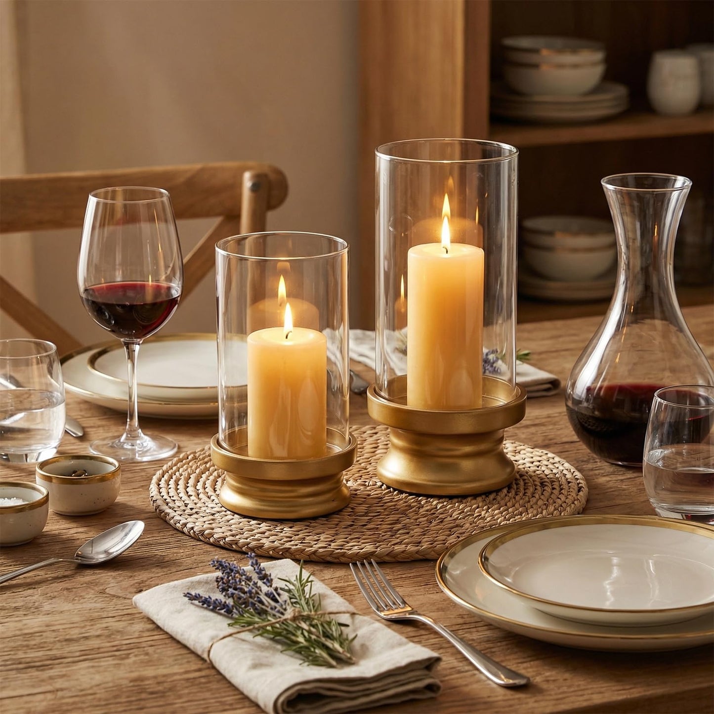 Gold Hurricane Candle Holders Set of 2 with Glass - Modern Pillar Candle Stands for Fireplace Mantel, Dining Table Centerpiece & Home Decor, 7.1" & 9" High