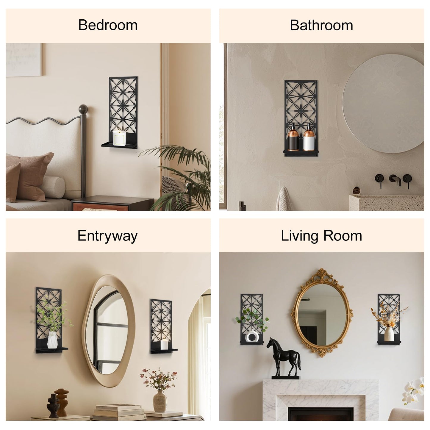 Doodlream 2 Pack Candle Wall Sconces, Retro Black Metal Wall Candle Holders, Foldable Floating Shelves with Rectangle Floral Geometric Back, Farmhouse Wall Decor for Entryway Living Room Bedroom