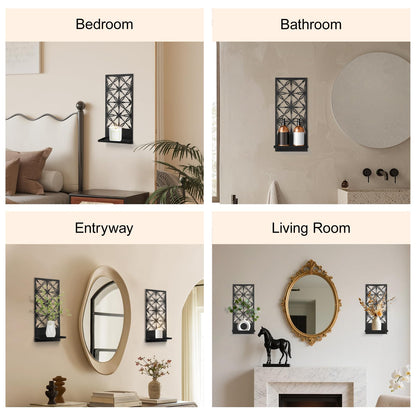 Doodlream 2 Pack Candle Wall Sconces, Retro Black Metal Wall Candle Holders, Foldable Floating Shelves with Rectangle Floral Geometric Back, Farmhouse Wall Decor for Entryway Living Room Bedroom