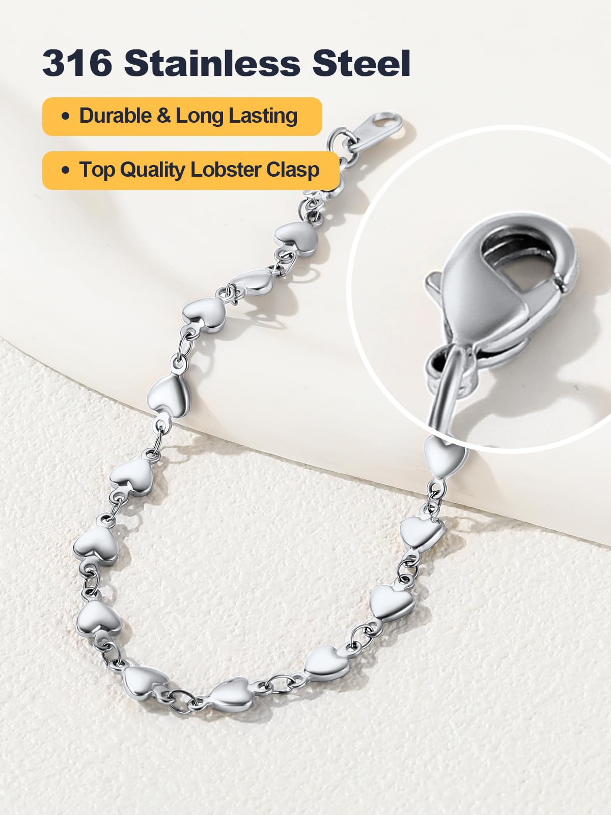 U7 Men Women Stainless Steel Heart Link Chain Bracelet, 8 Inch