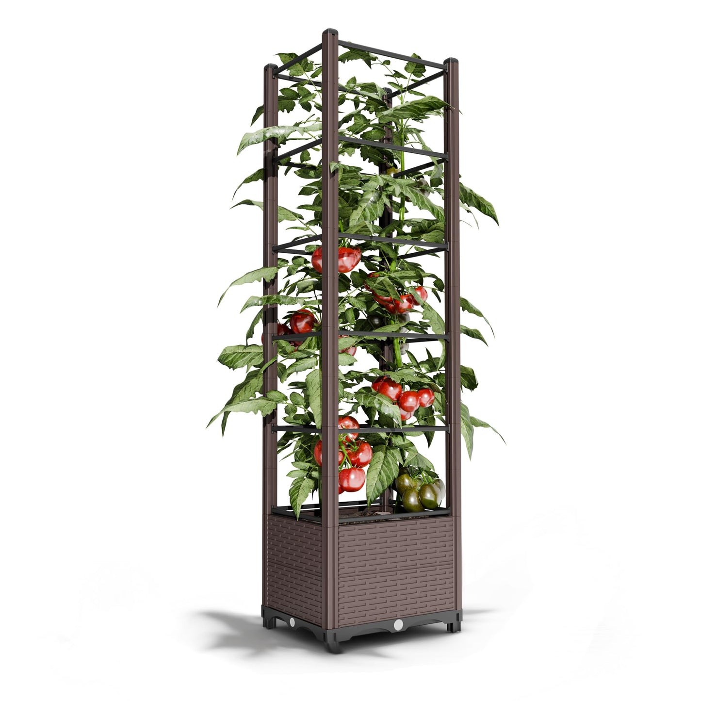 Raised Garden Bed with Trellis for Tomatoes, 10.5 Gal Planter Box Outdoor, 69.69" Tall Flower Planter with Tomato Cage, 15.7" Elevated Garden Bed for Vegetables, Climbing Plants & Flowers (Brown)