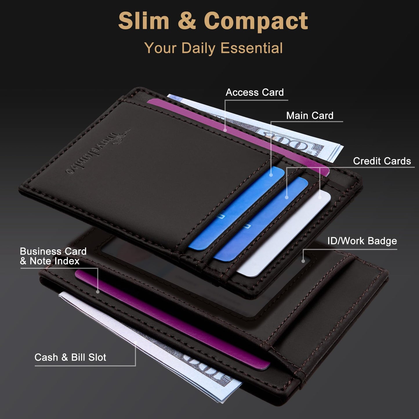 Travelambo Slim Wallet Front Pocket Minimalist Leather RFID Blocking Medium Size