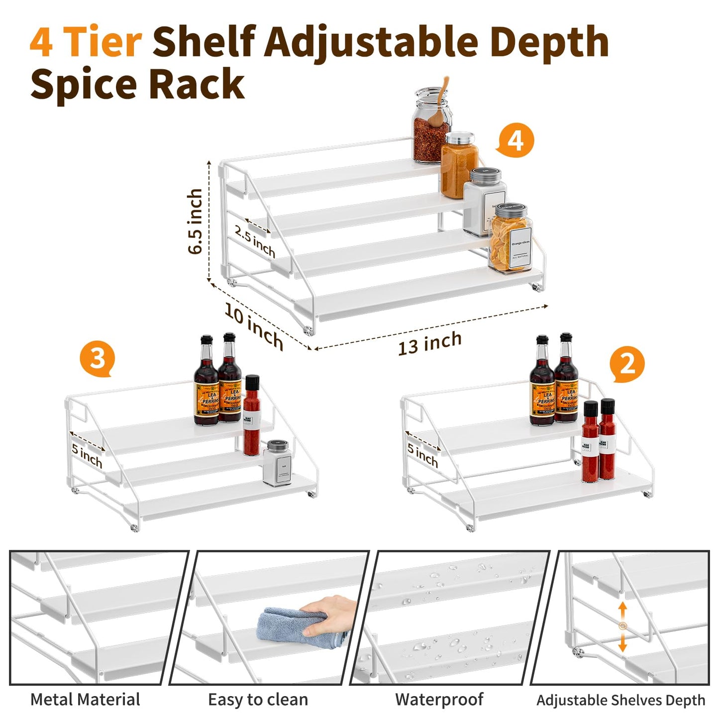 4 Tier Spice Rack for Cabinet, Spice Rack Organizer, Depth Adjustable Spice Holder for Countertop, Cupboard, Pantry, Seasoning Shelf, Metal, Black (1 Pack)