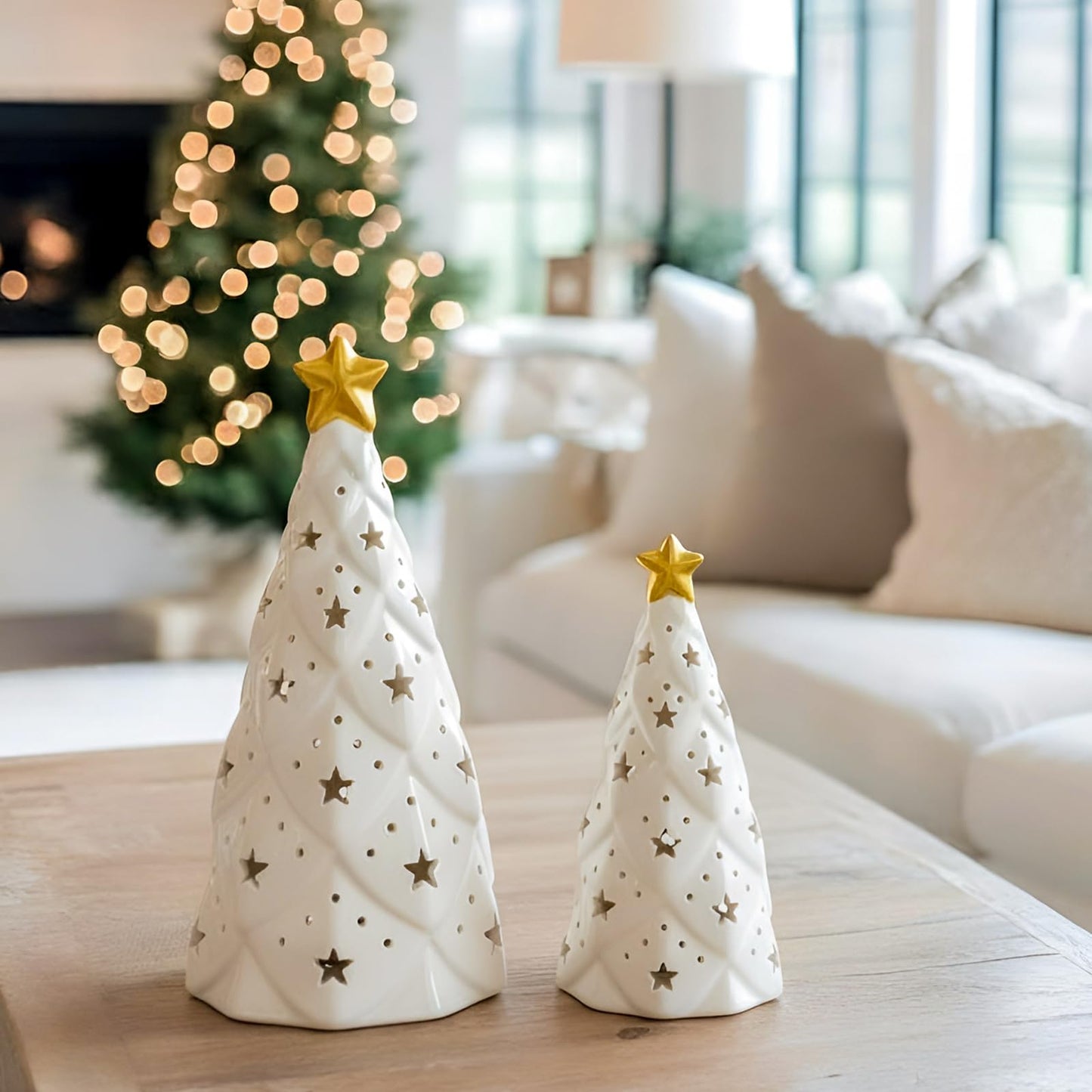 DN DECONATION Ceramic Christmas Trees Light Up White, 2Pcs Christmas Tree Lighted, Xmas Small Tree with Lights, Christmas Tree Figurines for Tabletop Fireplace Home Centerpieces Decoration