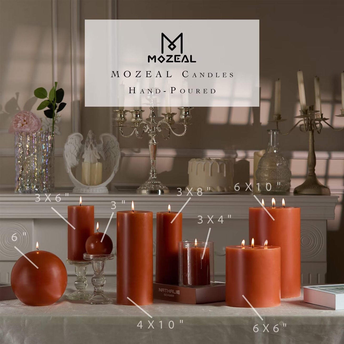 MOZEAL Hand-Poured, 6 Inch Burnt Orange Large Round Ball Candles - Elegant Burnt Orange Round Pillar Candles, Dripless, Unscented, Smokeless, Ideal for Autumn Gatherings.