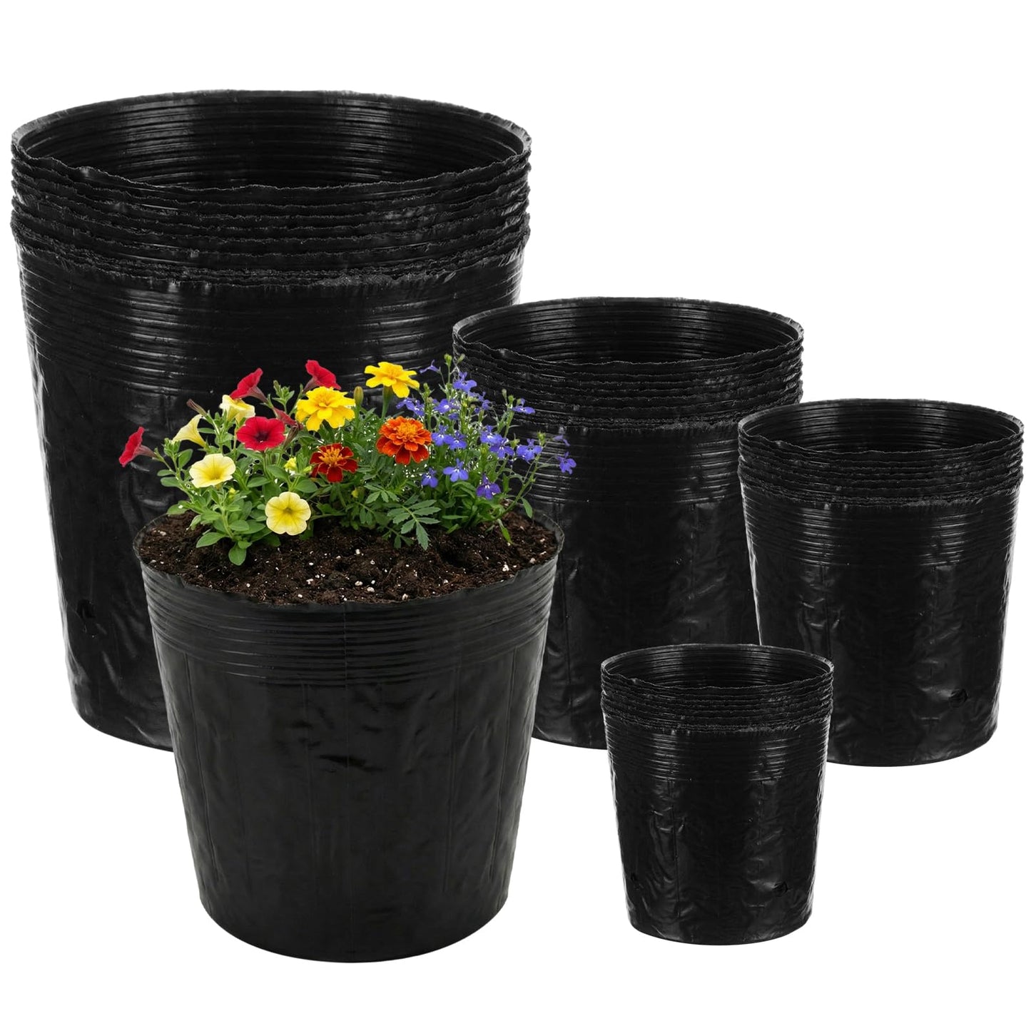 Ferrochef 60 Pcs Nursery Bags 0.2 & 0.6 & 2 & 3 Gallon Thicken Soft Plastic Seedling Pots Seed Plant Bags with Drainage Holes for Large Flowers Trees Vegetables Indoor Outdoor Women Gardening Gifts