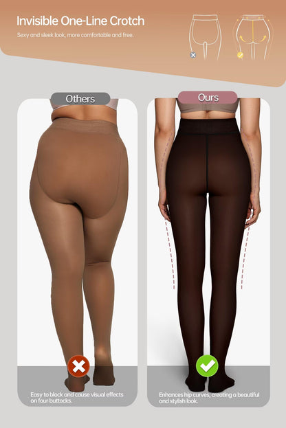 Vertvie Fleece Lined Tights Women Crotch One Seam Line Warm Sheer Pantyhose Fake Translucent Thermal Thick Tights Leggings