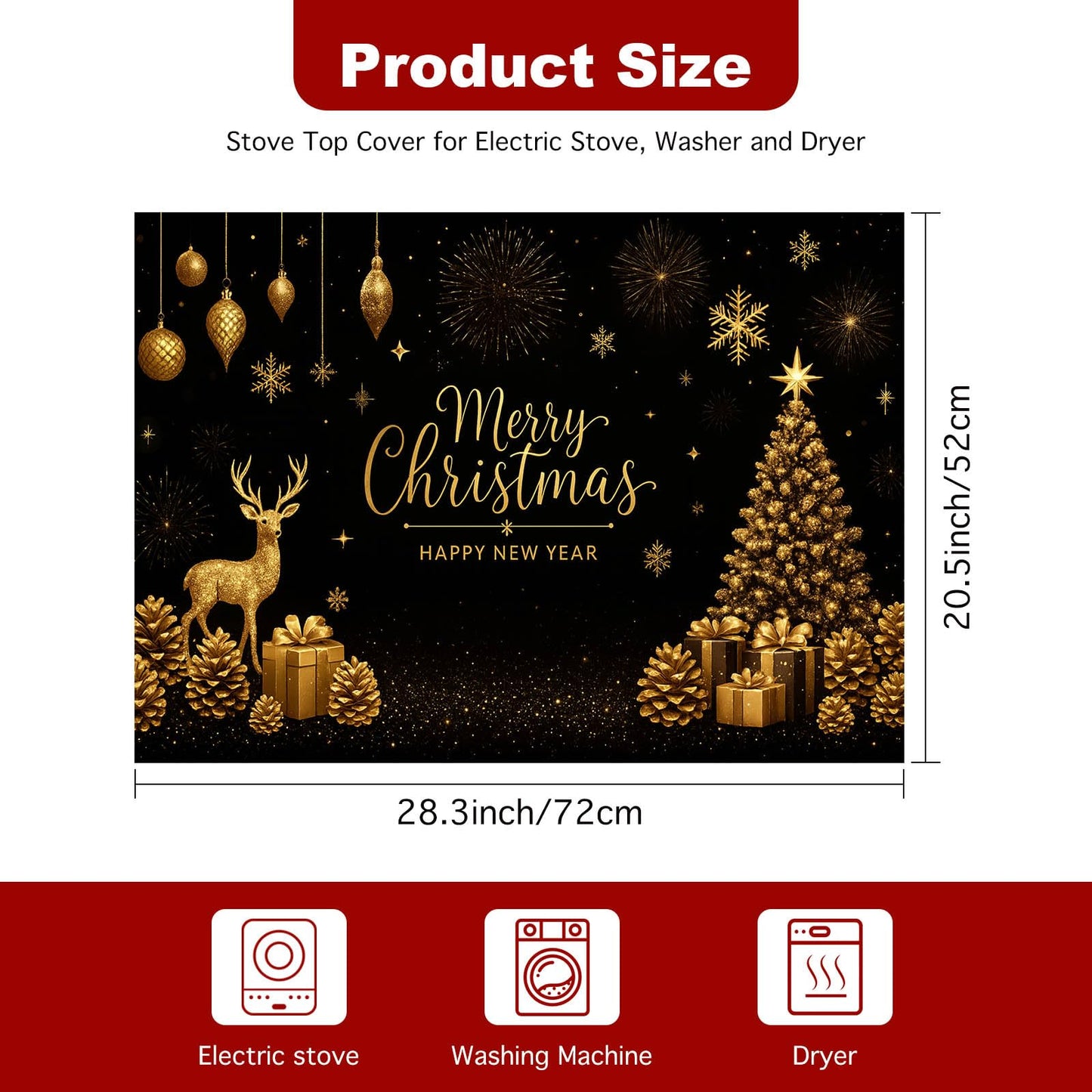 HOMETITUTE Christmas Stove Top Cover 28x20 Inch Glass Top Protector Silicone Cooktop Mat Heat Resistant Stovetop Cover Golden Deer Tree Holiday Kitchen Decoration
