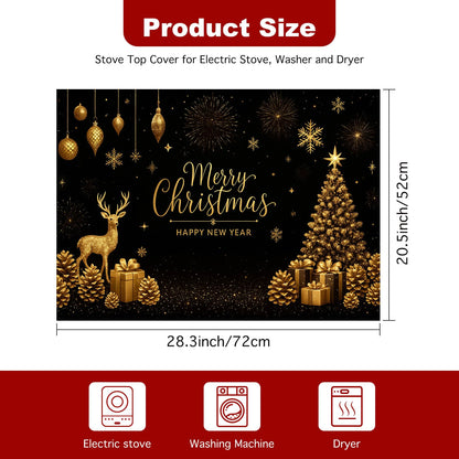 HOMETITUTE Christmas Stove Top Cover 28x20 Inch Glass Top Protector Silicone Cooktop Mat Heat Resistant Stovetop Cover Golden Deer Tree Holiday Kitchen Decoration