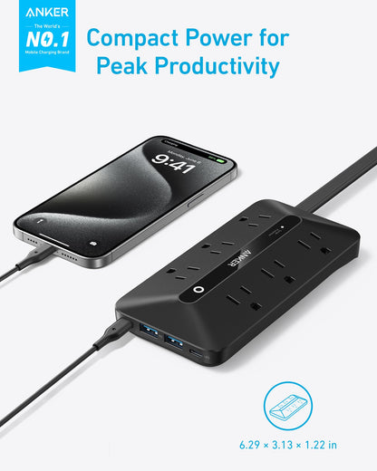 Anker 300J Flat Plug 10-in-1 Ultra Thin Power Strip with 6 AC, 2 USB-A & 2 USB-C Ports, Extension Cord, Desk Charging Station for Home, Office, College, Dorm, 5 Feet, Black
