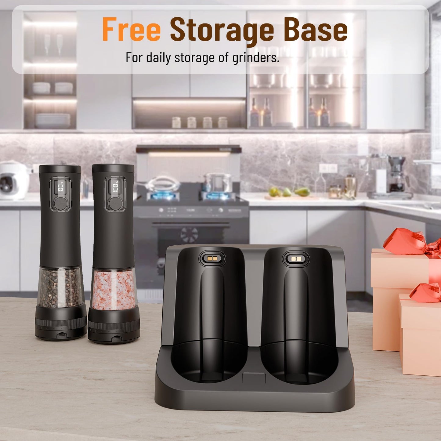Veiliss Electric Salt and Pepper Grinder Set, Battery Display Rechargeable Base, External 5 Adjustable Coarseness, Stainless Steel Frosted Finish Automatic Mill with LED Light