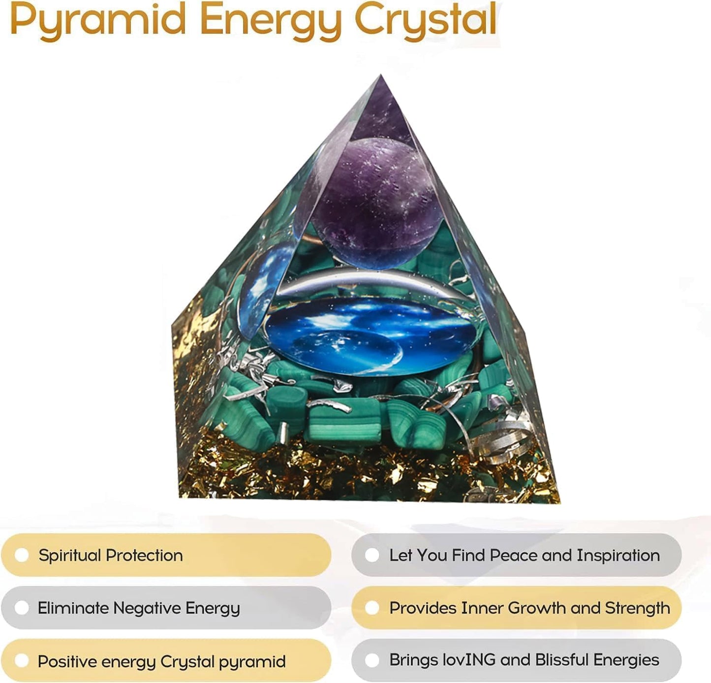 EternalOrgone Orgone Pyramid for Positive Energy, Orgonite Amethyst&Malachite Healing Crystal Pyramids for Reduce Stress Chakra Reiki Healing Meditation Attracts Lucky and Success