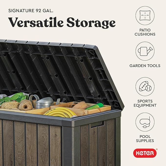Keter Signature Collection 92 Gallon Resin Deck Box Organization and Storage Box for Patio Outdoor Cushions, Throw Pillows, Garden Tools and Pool Supplies, Walnut
