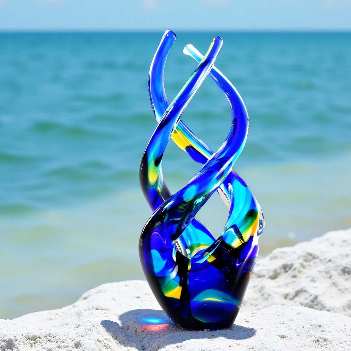 Mysphex Hand Blown Glass Decor - Cobalt Blue Glass Sculpture - Ocean Theme Spiral Kinetic Figurine, Light Reactive Gradient Decor for Home Office Garden, Ideal Gift for All Occasions