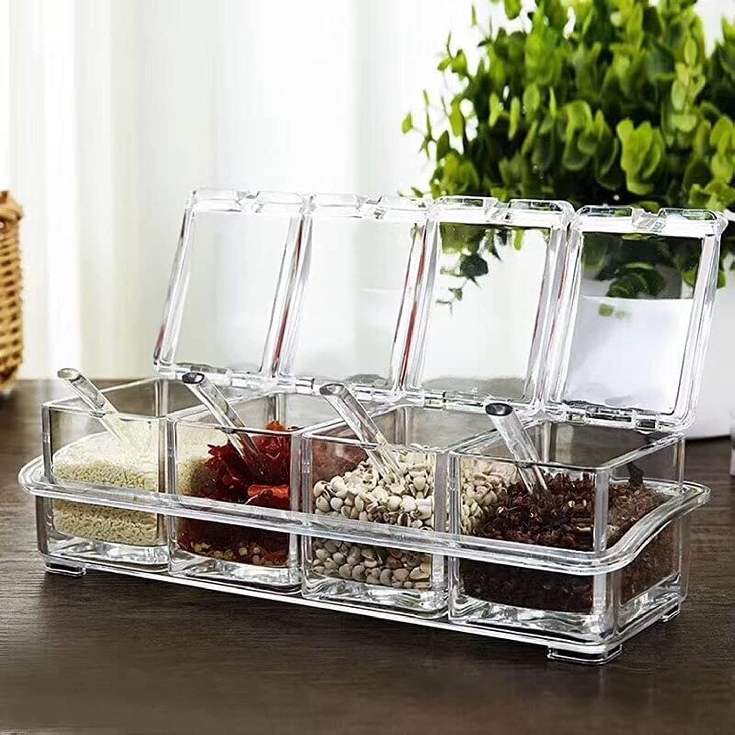 CLUQMEIK Clear Seasoning Box,4 Spice Jars Condiment Containers with Lids and 4Pcs Spoons 1Pcs Tray Seasoning Organizer for Salt, Sugar,Cardamon, Cinnamon,Cloves,Mustard,Nutmeg,Pepper and Tumeric