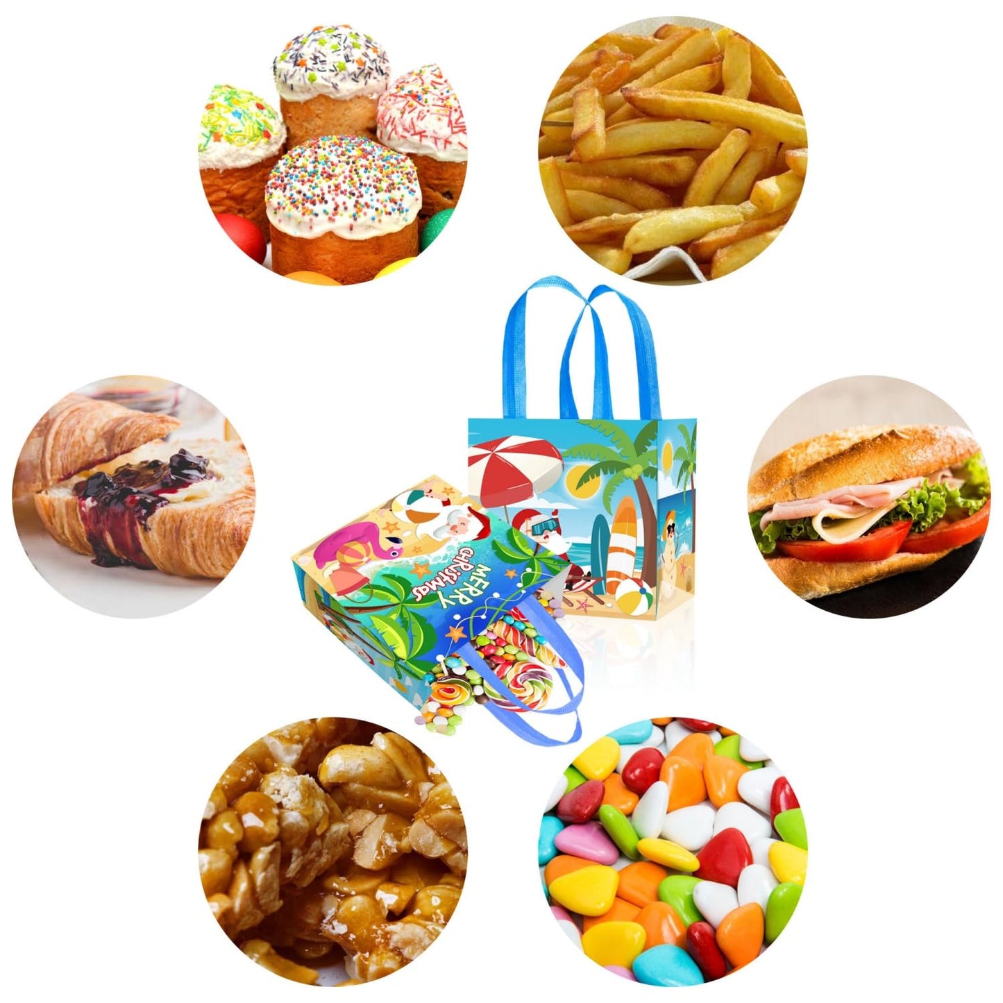 KYMY 6PCS Summer Christmas Party Favor Bags, Tropical Hawaiian Non-Woven Gift Totes with Handles, Beach Treat Bags with Santa & Flamingo for July Xmas Luau Holiday Party Decorations